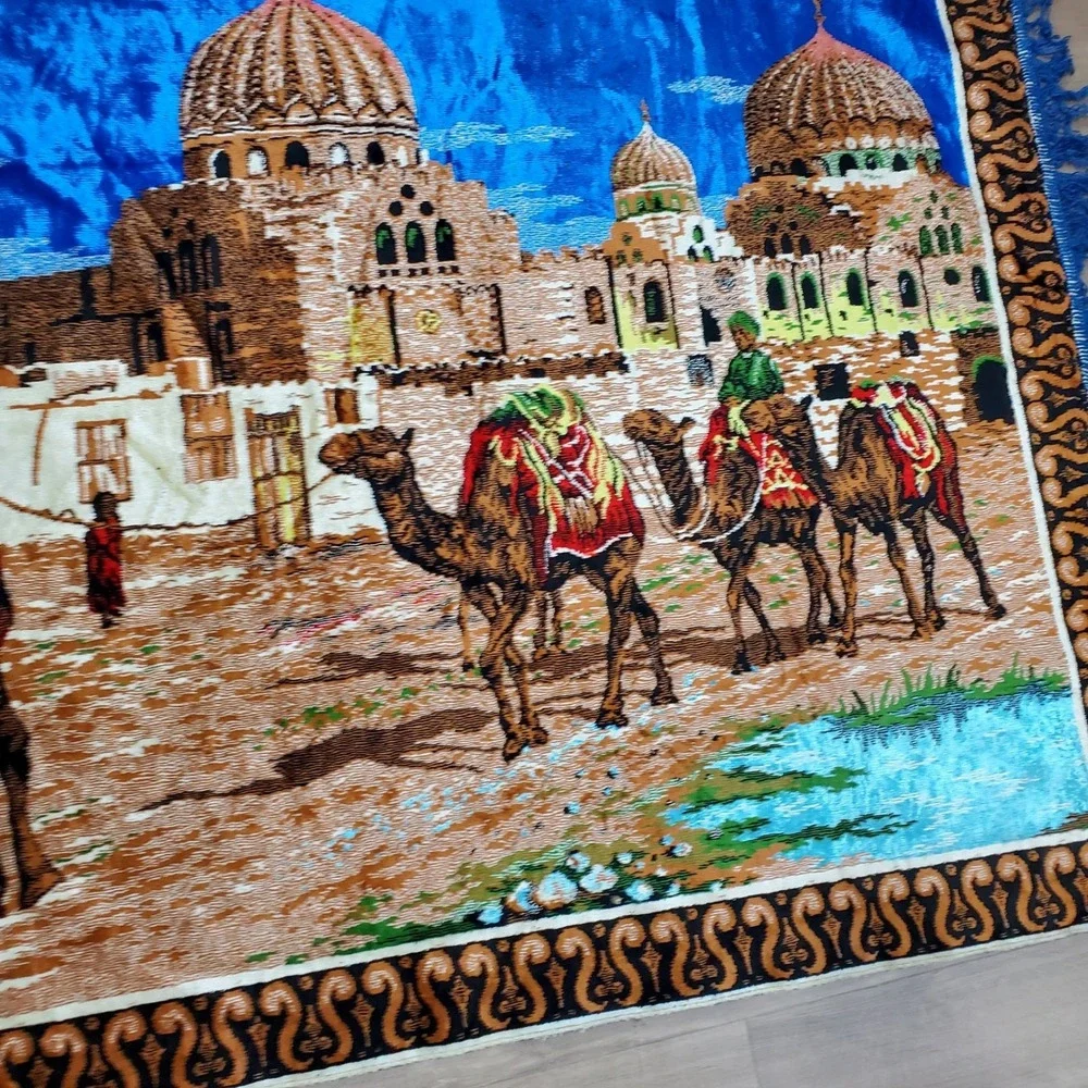 Vintage Camel Caravan Tapestry  68 X 48 Wall Hanging Mosque Desert Scene Velvet‎